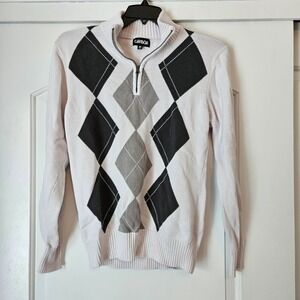 Carbon Sweater Men Medium Argyle Quarter Zip White Neutral Old Money 100% Cotton